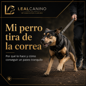 Perro tirando de la correa durante un paseo con su guía. Leal Canino